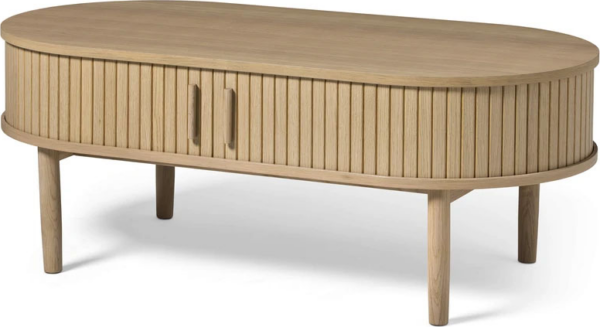 Ovalt sofabord Nordique Design Meta hvidpigmenteret egetræ med integrerede låger, H45ÃB120ÃL60 cm